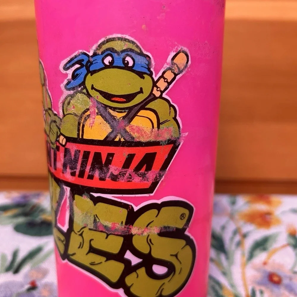 VTG 80s TMNT Teenage Mutant Ninja Turtles Water Bottle Straw Cap Pink Retro GLOW
